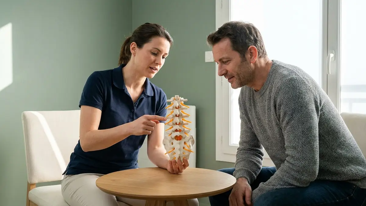 Kinésithérapeute qui explique le système nerveux sur un modèle de colonne lombaire avec ses racines nerveuses