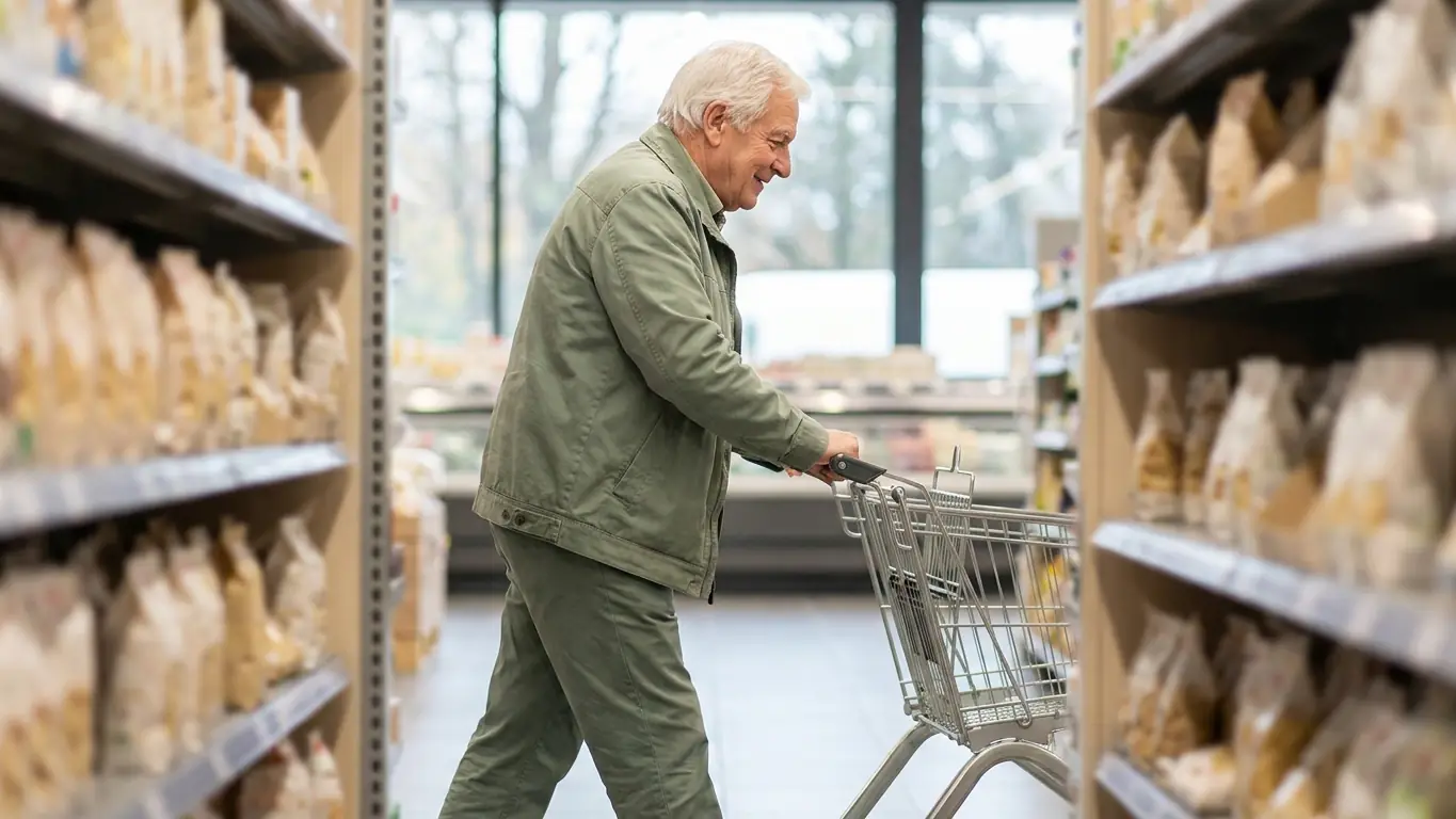 Un homme âgé marche légèrement penché en avant en poussant un chariot dans les rayons d'un supermarché