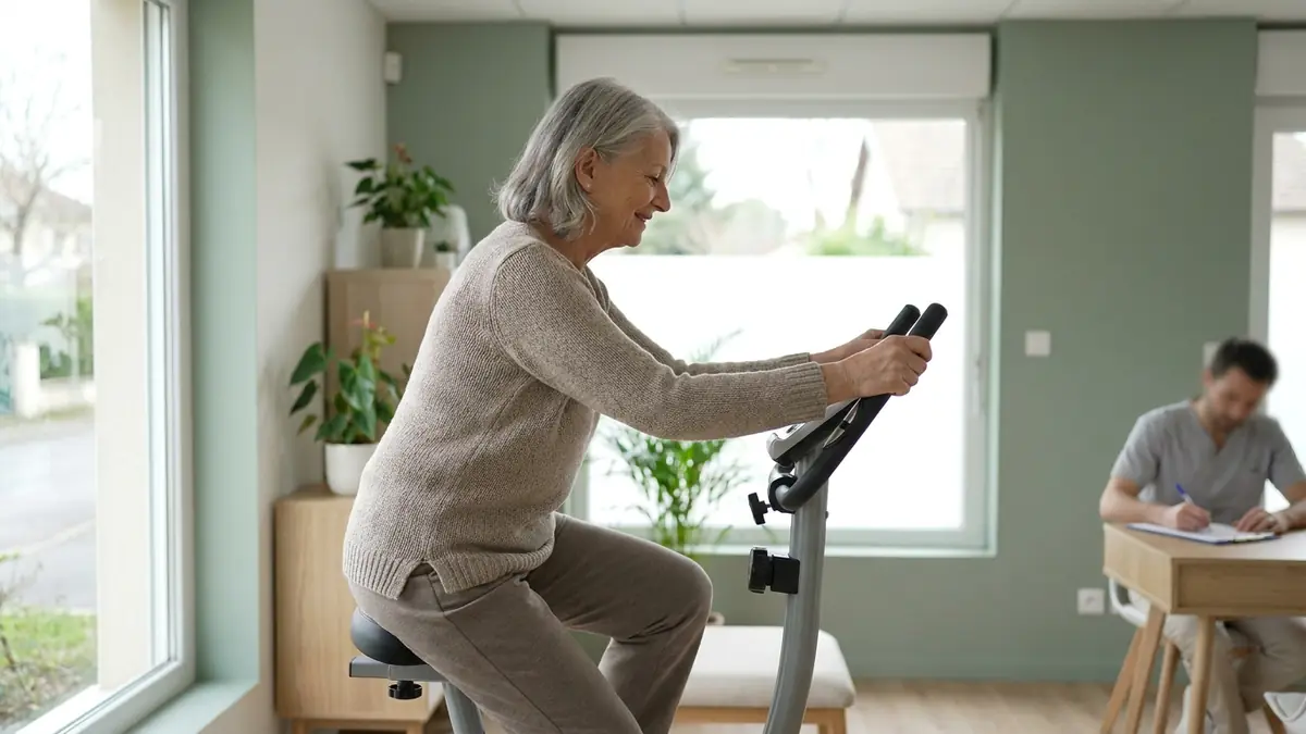 Une femme âgée pédale sur un vélo d'appartement, buste légèrement penché vers le guidon, dans un cabinet de kiné