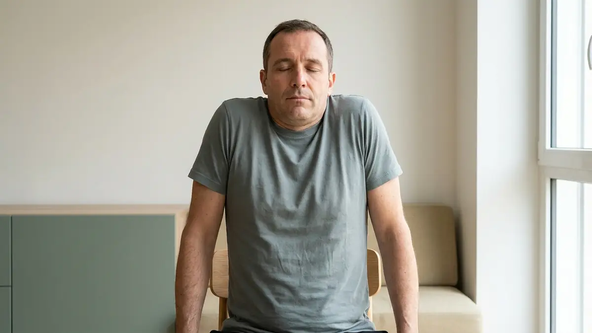 Un homme assis pratique la relaxation musculaire progressive en montant les épaules vers les oreilles avant de les relâcher, les yeux fermés