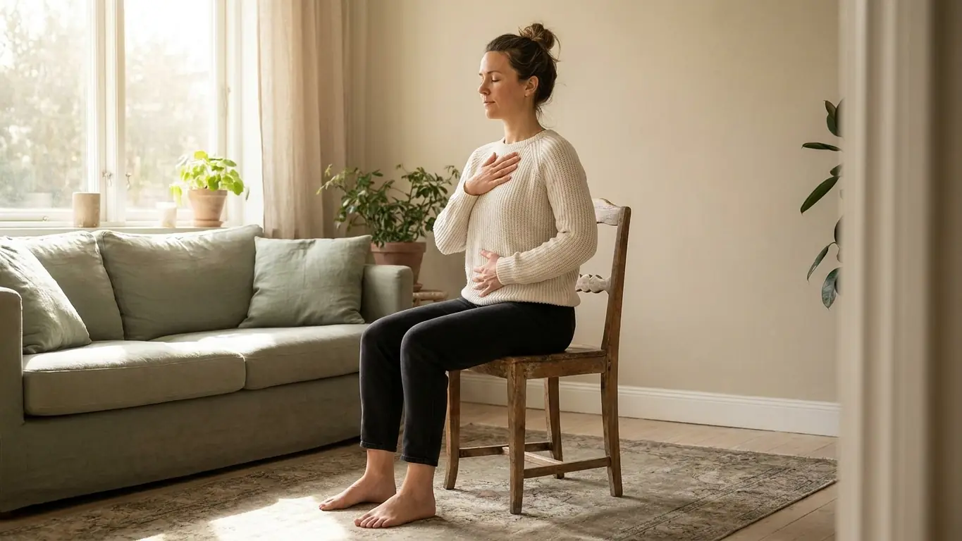 Une femme pratique la respiration cohérente assise sur une chaise, dos droit, pieds à plat, une main sur le ventre et l'autre sur la poitrine, les yeux fermés