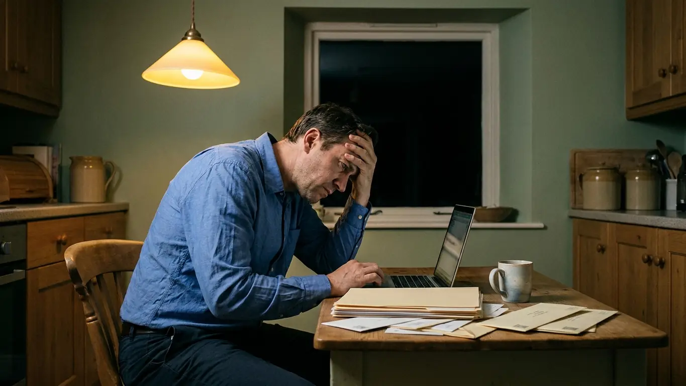 Un homme travaille tard le soir à la table de sa cuisine devant son ordinateur et des factures, épaules remontées et dos voûté par le stress chronique