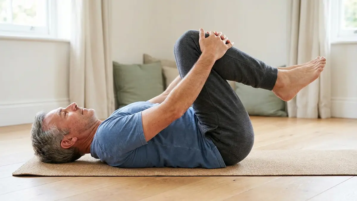 Un homme allongé sur le dos sur un tapis ramène ses deux genoux vers la poitrine, mains posées sur les genoux, exercice en flexion du bas du dos