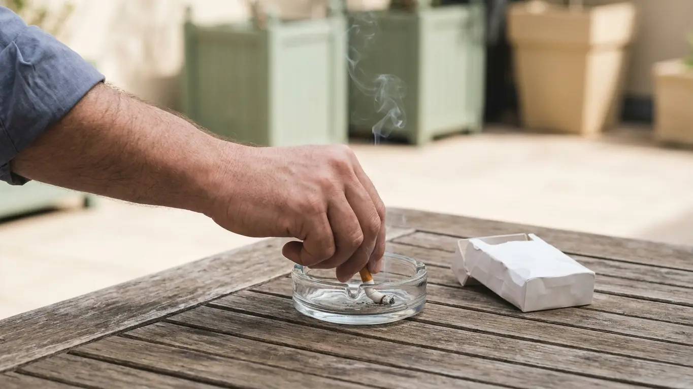 Une main écrase une dernière cigarette dans un cendrier en verre sur une table de terrasse, à côté d'un paquet froissé, pour arrêter de fumer