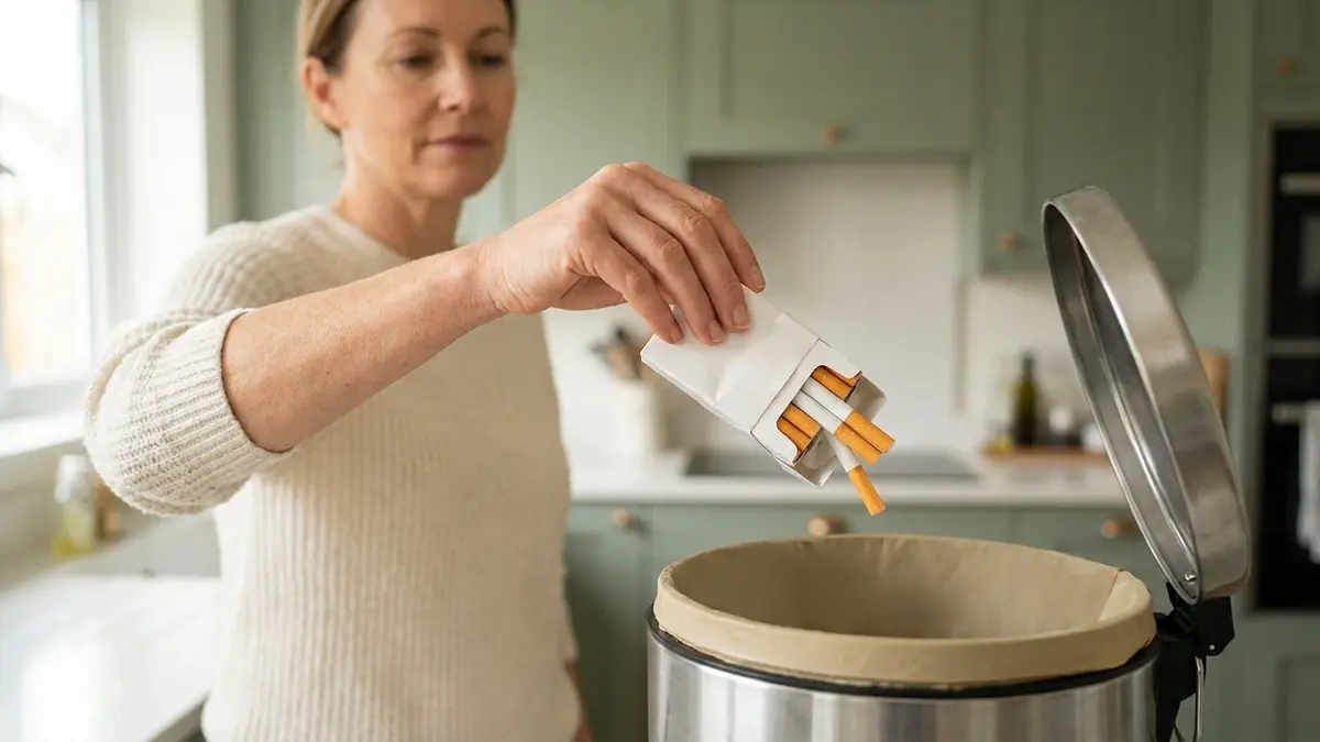 Une femme jette son paquet de cigarettes à la poubelle dans sa cuisine, décidée à arrêter le tabac