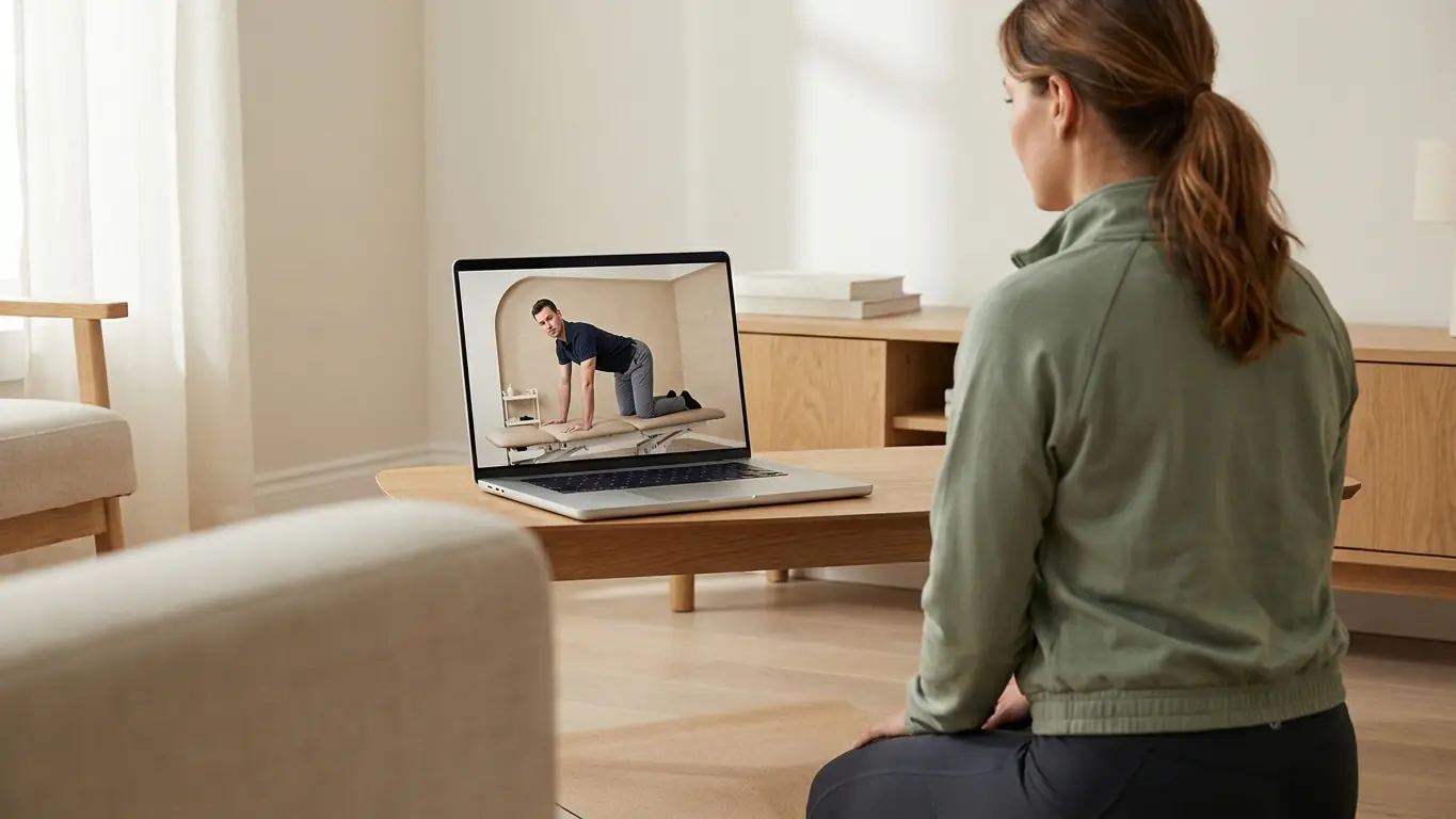 Téléconsultation de kinésithérapie : dans son salon, une femme suit sur son ordinateur portable un kiné qui lui montre un exercice à quatre pattes en visio