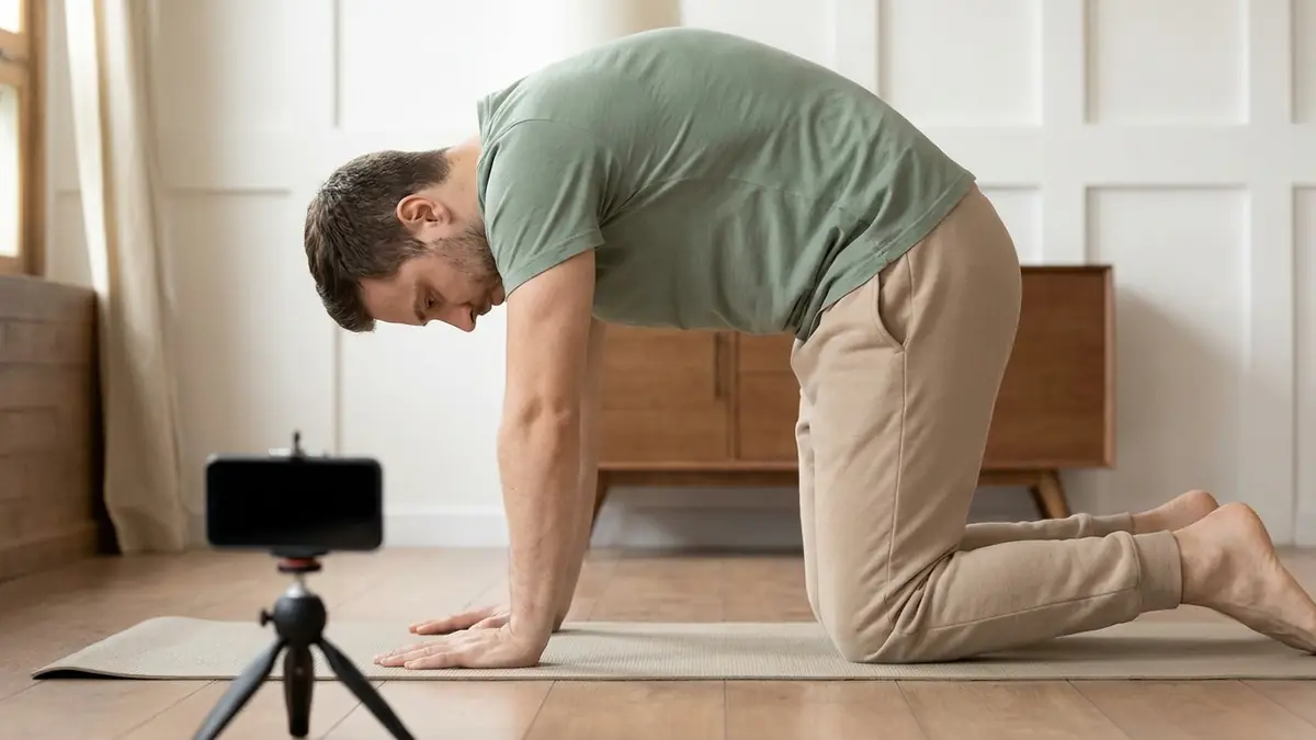 Un homme à quatre pattes sur un tapis, dos arrondi dans l'exercice du chat, se filme avec un téléphone sur trépied pour faire corriger son geste par son kiné