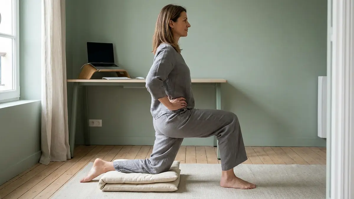 Pause active en télétravail : une femme étire son psoas en fente à côté de son bureau, genou arrière posé sur un coussin, buste droit et mains sur les hanches