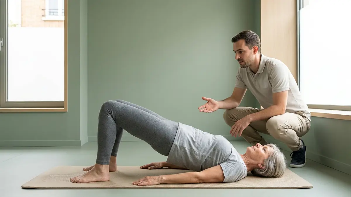 Patiente qui fait un pont fessier sur un tapis, guidée à la voix par son kinésithérapeute, exemple de travail actif en séance