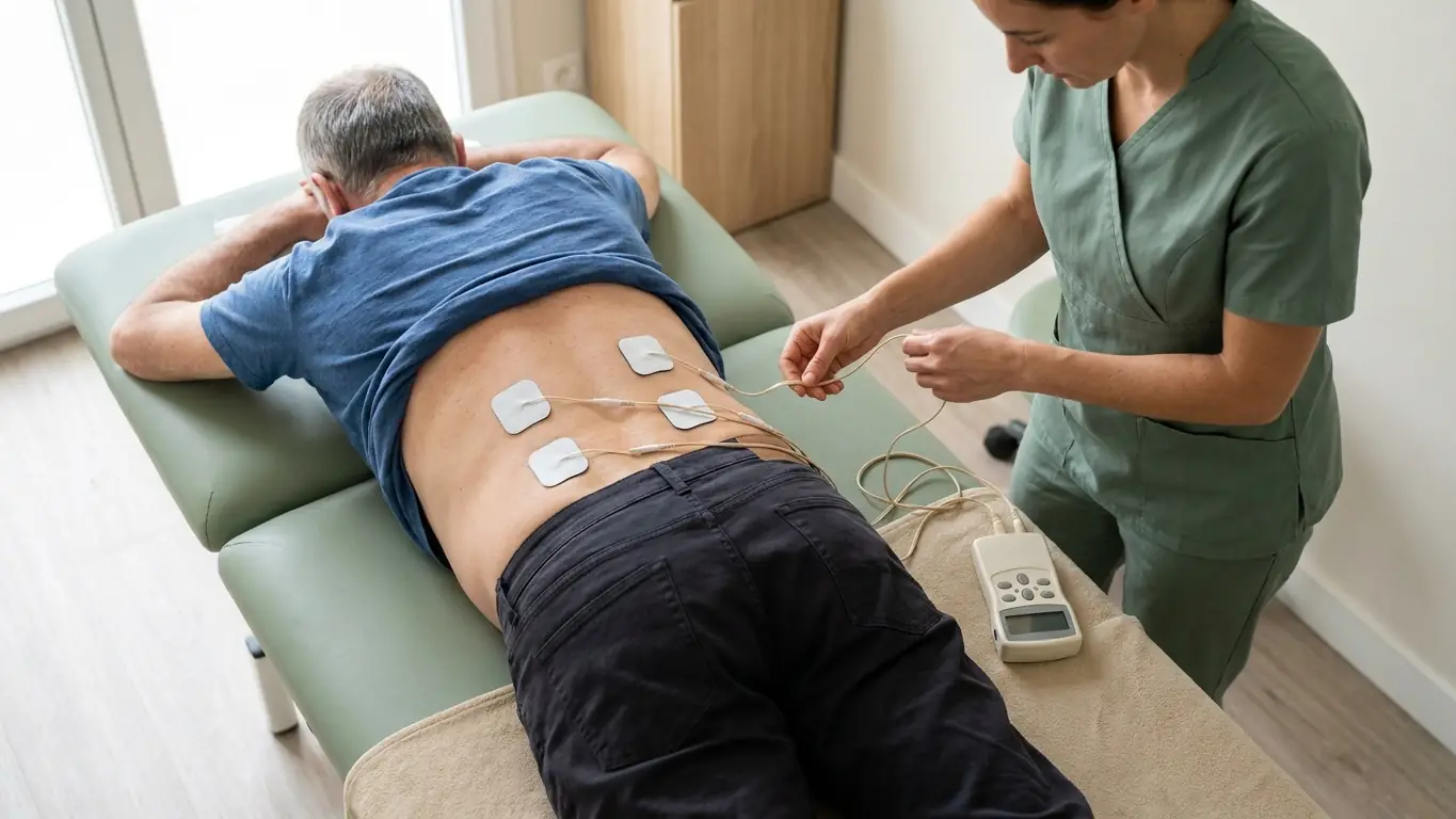 Électrodes de TENS posées sur le bas du dos d'un patient allongé sur le ventre, reliées à un appareil d'électrothérapie en cabinet de kinésithérapie